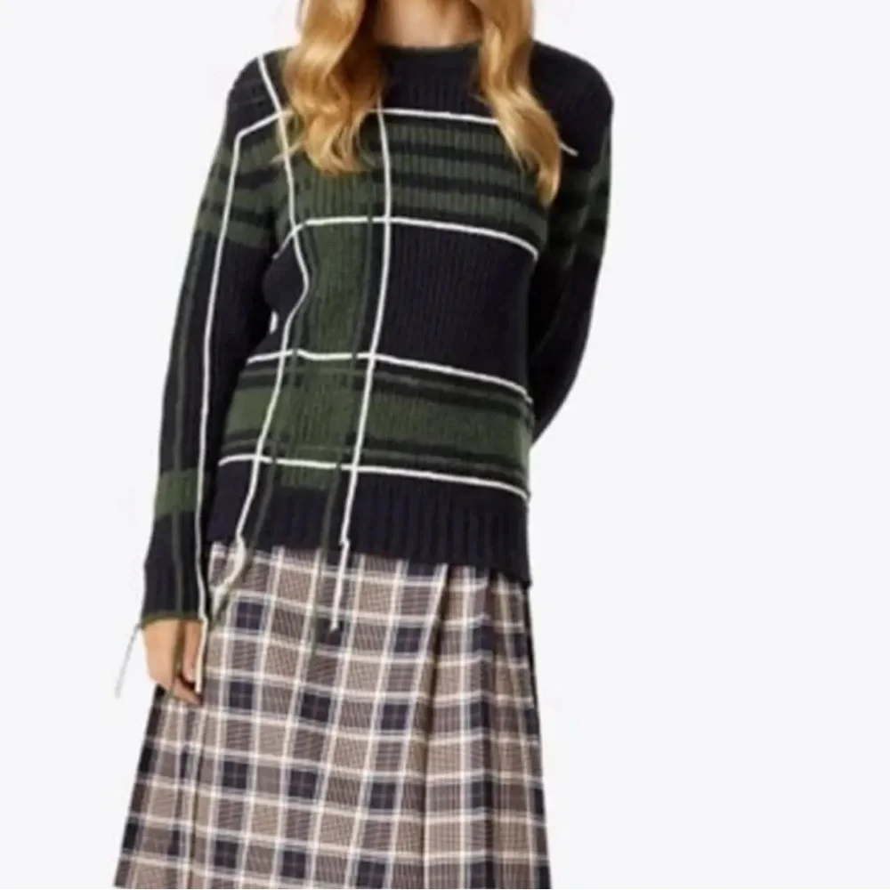 Tory Burch Eden plaid green and blue wool‎ blend Fuzzy Yarn-Trim Plaid Sweater